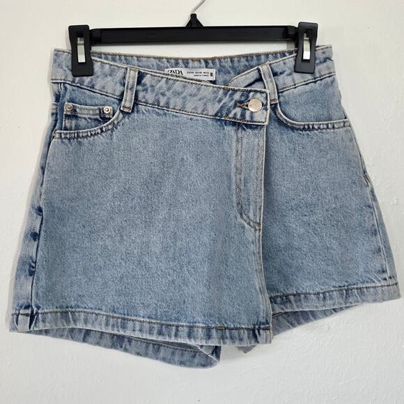 Zara Denim Faux Wrap Front Skort High Rise Jean Skirt Shorts Light Wash Cotton - Picture 2 of 8